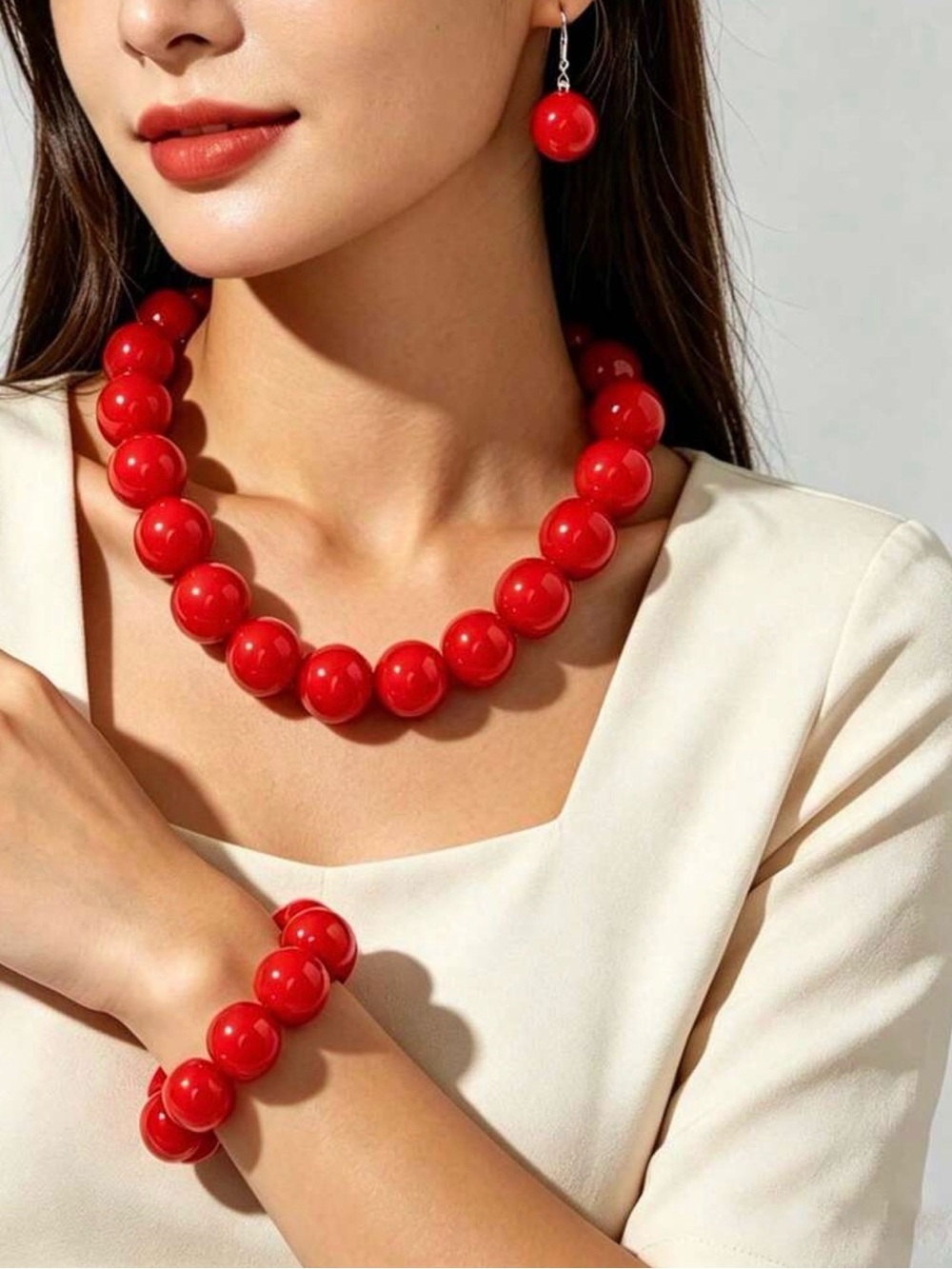 Bold Red Bead Necklace, Bracelet & Earring Set